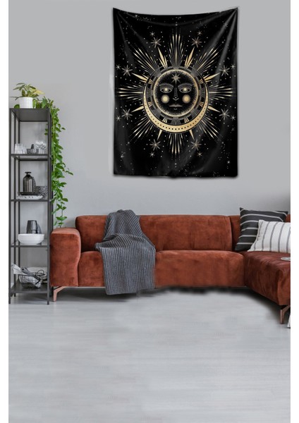 Yıkanabilir Leke Tutmaz Mikropetek Kumaş Güneş ve Ay Siyah Duvar Örtüsü Duvar Halısı Tapestry modelleri