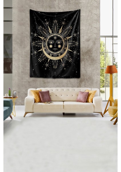 Yıkanabilir Leke Tutmaz Mikropetek Kumaş Güneş ve Ay Siyah Duvar Örtüsü Duvar Halısı Tapestry fırsatları