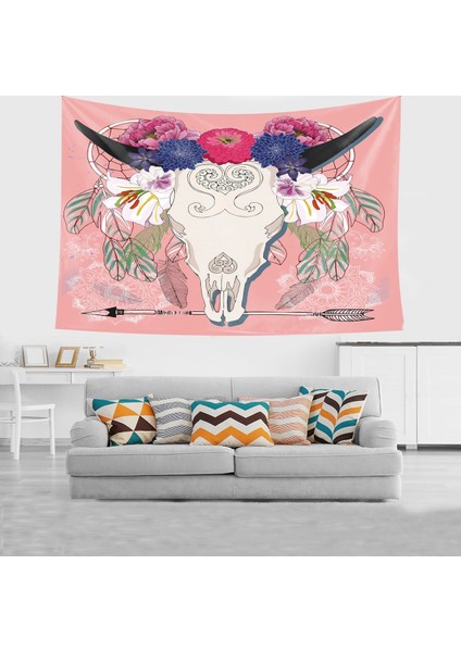 Boğa Kafatası Çiçek Desen Leke Tutmaz Kadife Dokulu Kumaş Duvar Örtüsü Duvar Halısı Tapestry
