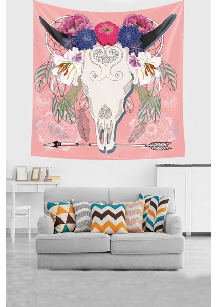 Boğa Kafatası Çiçek Desen Leke Tutmaz Kadife Dokulu Kumaş Duvar Örtüsü Duvar Halısı Tapestry