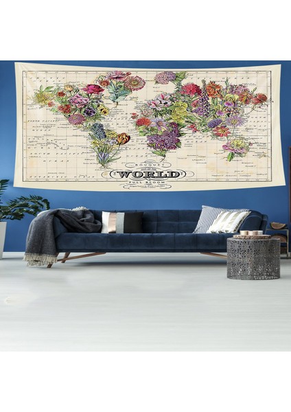 Dünya Bitki Haritası Desenli Leke Tutmaz Kadife Dokulu Kumaş Duvar Örtüsü Duvar Halısı Tapestry