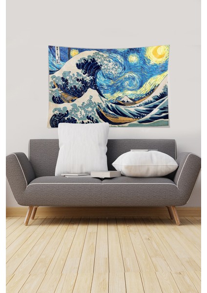 Mavi-Beyaz Katsushika Hokusai Serisi Leke Tutmaz Kadife Kumaş Duvar Örtüsü Duvar Halısı Tapestry
