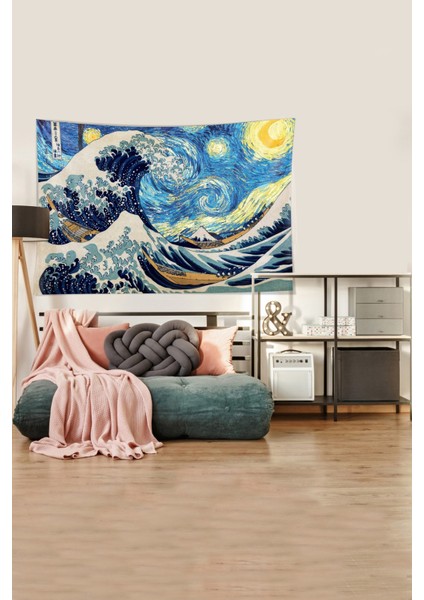 Mavi-Beyaz Katsushika Hokusai Serisi Leke Tutmaz Kadife Kumaş Duvar Örtüsü Duvar Halısı Tapestry