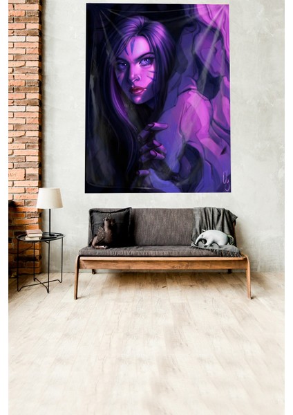 Kayanın Arkasındaki Kadın Temalı Leke Tutmaz Kadife Kumaş Duvar Örtüsü Duvar Halısı Tapestry