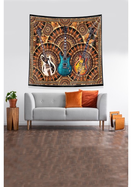 Turuncu 3 Gitar Leke Tutmaz Kadife Kumaş Duvar Örtüsü Duvar Halısı Tapestry