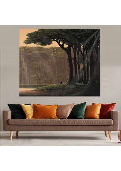 Ormanda Oturan Insan Leke Tutmaz Kadife Dokulu Kumaş Duvar Örtüsü Duvar Halısı Tapestry