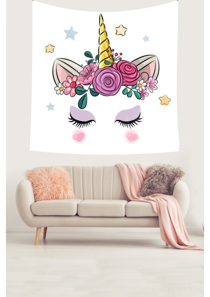 Pembe Unicorn Desenli Leke Tutmaz Kadife Dokulu Kumaş Duvar Örtüsü Duvar Halısı Tapestry