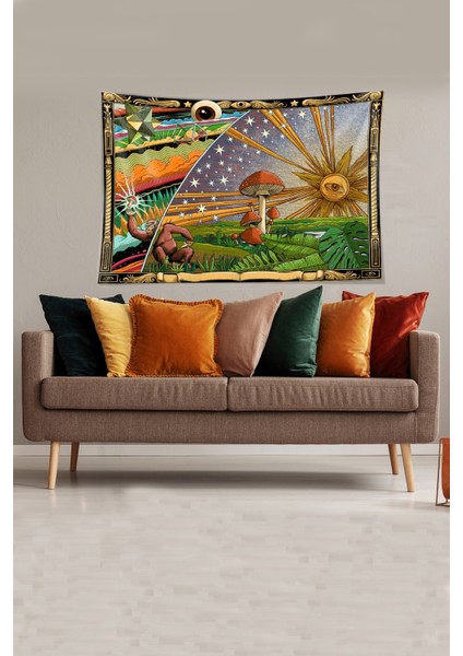 Sarı-Yeşil Mushroom Mantar Desenli Leke Tutmaz Kadife Kumaş Duvar Örtüsü Duvar Halısı Tapestry