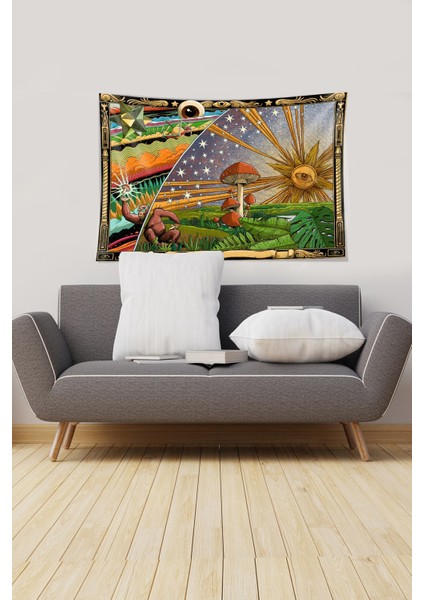 Sarı-Yeşil Mushroom Mantar Desenli Leke Tutmaz Kadife Kumaş Duvar Örtüsü Duvar Halısı Tapestry