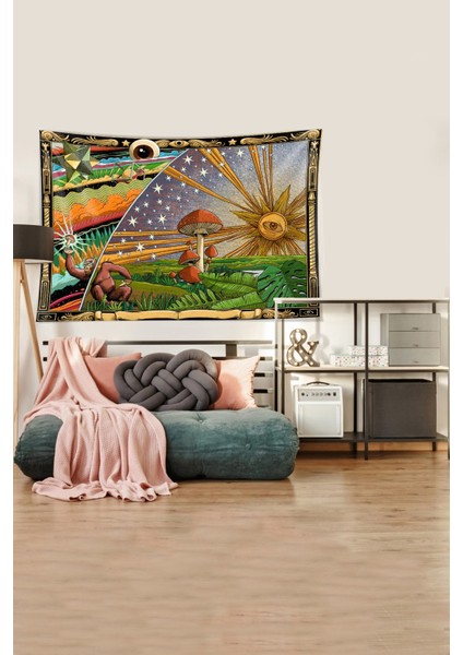 Sarı-Yeşil Mushroom Mantar Desenli Leke Tutmaz Kadife Kumaş Duvar Örtüsü Duvar Halısı Tapestry