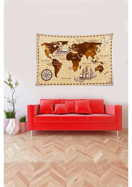 Krem Dünya Haritası Desenli Leke Tutmaz Kadife Kumaş Duvar Örtüsü Duvar Halısı Tapestry modelleri