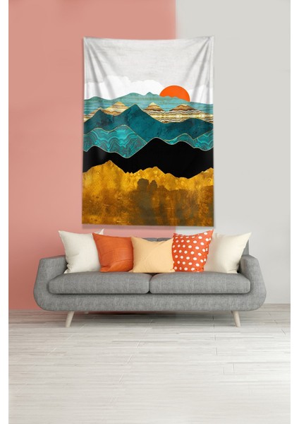 Gold-Mavi Güneşin Doğuşu Sunset Leke Tutmaz Kadife Kumaş Duvar Örtüsü Duvar Halısı Tapestry