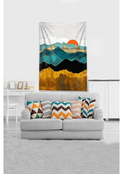 Gold-Mavi Güneşin Doğuşu Sunset Leke Tutmaz Kadife Kumaş Duvar Örtüsü Duvar Halısı Tapestry fiyatları
