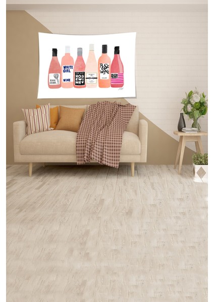 Beyaz Şampanya Şişeleri Desenli Leke Tutmaz Kadife Kumaş Duvar Örtüsü Duvar Halısı Tapestry
