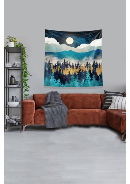 Mavi Çam Ormanı Dağ Ve Ay Leke Tutmaz Kadife Kumaş Duvar Örtüsü Duvar Halısı Tapestry