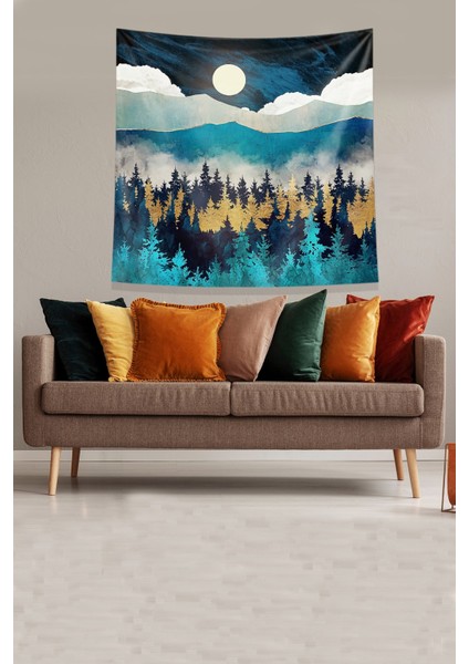 Mavi Çam Ormanı Dağ Ve Ay Leke Tutmaz Kadife Kumaş Duvar Örtüsü Duvar Halısı Tapestry fiyatları