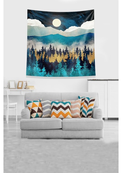 Mavi Çam Ormanı Dağ Ve Ay Leke Tutmaz Kadife Kumaş Duvar Örtüsü Duvar Halısı Tapestry modelleri