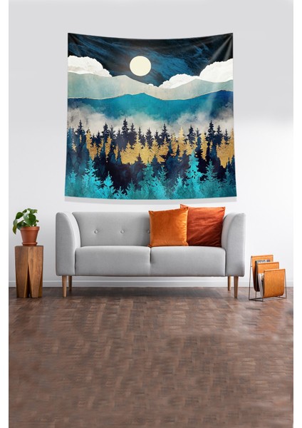 Mavi Çam Ormanı Dağ Ve Ay Leke Tutmaz Kadife Kumaş Duvar Örtüsü Duvar Halısı Tapestry fırsatları