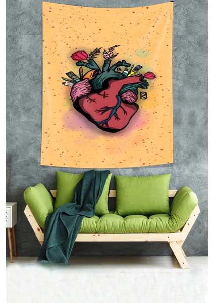 Çiçek Açan Anatomik Insan Kalbi Leke Tutmaz Kumaş Duvar Örtüsü Duvar Halısı Tapestry