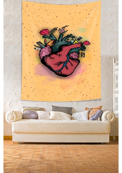 Çiçek Açan Anatomik Insan Kalbi Leke Tutmaz Kumaş Duvar Örtüsü Duvar Halısı Tapestry