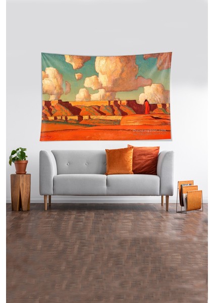 Turuncu Kanyon Desenli Leke Tutmaz Kadife Kumaş Duvar Örtüsü Duvar Halısı Tapestry