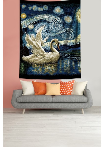 Van Gogh Yıldızlı Geceler Nehirdeki Kuğu Leke Tutmaz Kumaş Duvar Örtüsü Duvar Halısı Tapestry