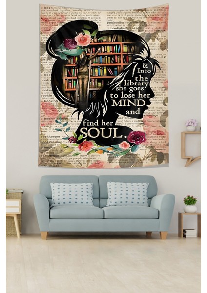 Zihindeki Kitaplık Kitap Okuyan Kız Temalı Leke Tutmaz Kumaş Duvar Örtüsü Duvar Halısı Tapestry