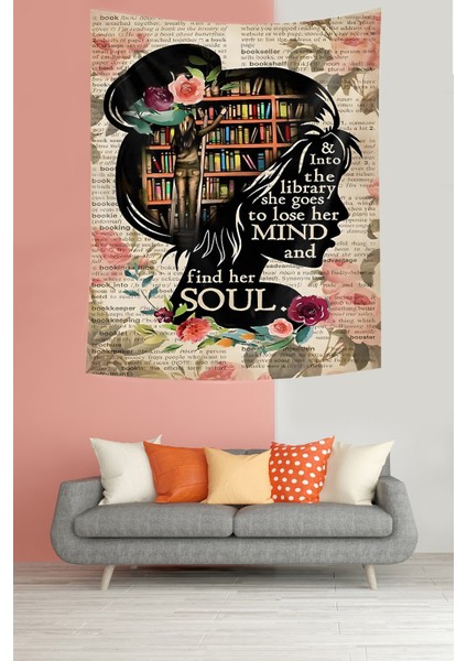 Zihindeki Kitaplık Kitap Okuyan Kız Temalı Leke Tutmaz Kumaş Duvar Örtüsü Duvar Halısı Tapestry modelleri