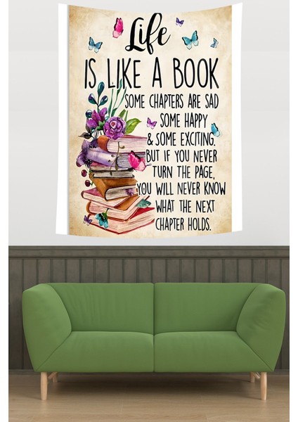 Kitaplar Ve Çiçekler Temalı Mesajlı Leke Tutmaz Kumaş Duvar Örtüsü Duvar Halısı Tapestry