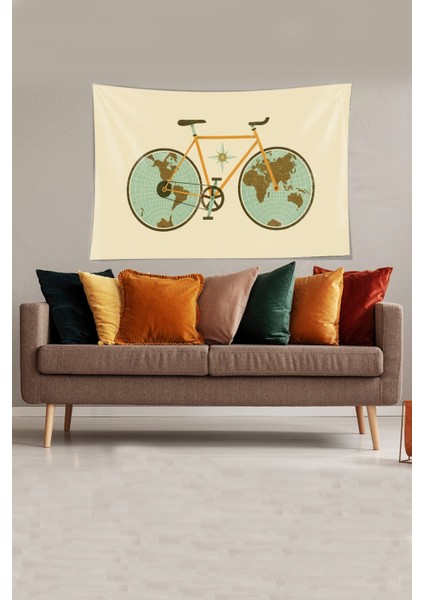 Bej Bisikletli Dünya Desenli Leke Tutmaz Kadife Kumaş Duvar Örtüsü Duvar Halısı Tapestry