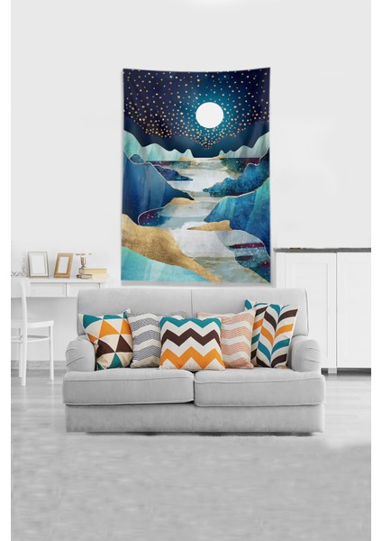 Lacivert Ayın Serüveni Leke Tutmaz Kadife Kumaş Duvar Örtüsü Duvar Halısı Tapestry