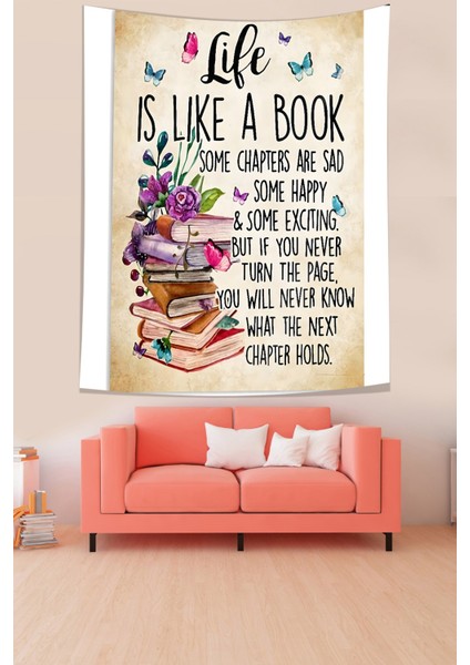 Kitaplar Ve Çiçekler Temalı Mesajlı Leke Tutmaz Kumaş Duvar Örtüsü Duvar Halısı Tapestry modelleri