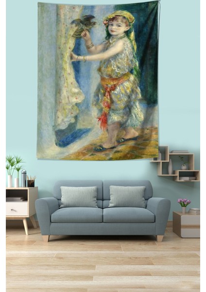 Elinde Kuş Tutan Küçük Kız Leke Tutmaz Kumaş Duvar Örtüsü Duvar Halısı Tapestry