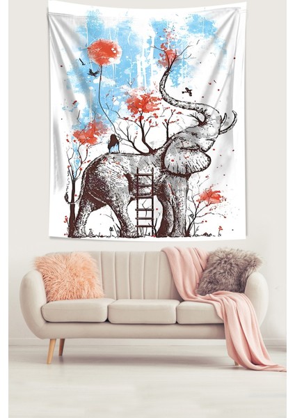Fil Ve Mutlu Bir Yer Leke Tutmaz Kumaş Duvar Örtüsü Duvar Halısı Tapestry