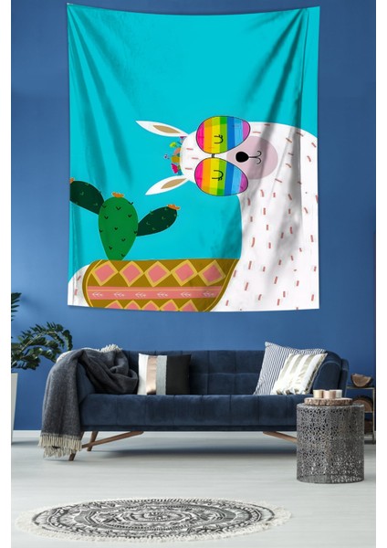 Sevimli Lama Ve Kaktüs Desenli Leke Tutmaz Kumaş Duvar Örtüsü Duvar Halısı Tapestry