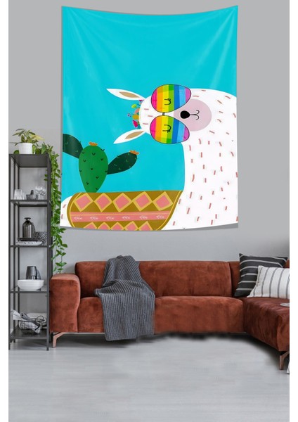 Sevimli Lama Ve Kaktüs Desenli Leke Tutmaz Kumaş Duvar Örtüsü Duvar Halısı Tapestry fiyatları