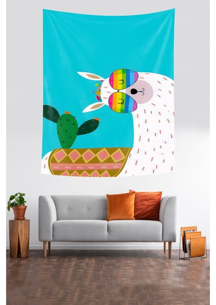 Sevimli Lama Ve Kaktüs Desenli Leke Tutmaz Kumaş Duvar Örtüsü Duvar Halısı Tapestry modelleri