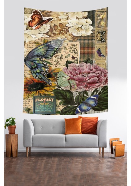 Vintage Journal Temalı Kelebek Karanfil Desenli Leke Tutmaz Kumaş Duvar Örtüsü Duvar Halısı Tapestry modelleri