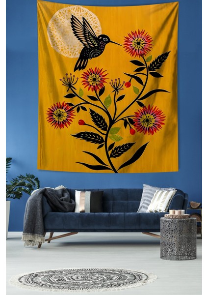 Sinek Kuşu Papatya Ve Ay Leke Tutmaz Kumaş Duvar Örtüsü Duvar Halısı Tapestry
