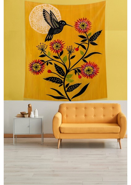 Sinek Kuşu Papatya Ve Ay Leke Tutmaz Kumaş Duvar Örtüsü Duvar Halısı Tapestry