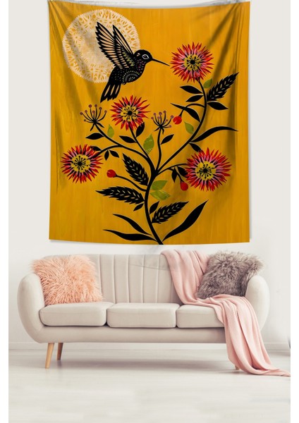 Sinek Kuşu Papatya Ve Ay Leke Tutmaz Kumaş Duvar Örtüsü Duvar Halısı Tapestry