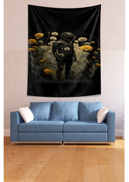 Çiçekler Içinde Astronot Leke Tutmaz Kumaş Duvar Örtüsü Duvar Halısı Tapestry