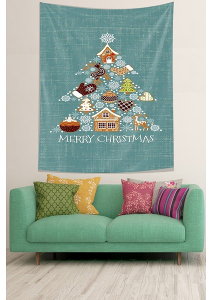 Merry Christmas Temalı Leke Tutmaz Kumaş Duvar Örtüsü Duvar Halısı Tapestry