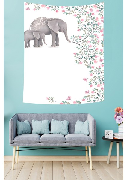 Mutlu Fil Ve Yavrusu Leke Tutmaz Kumaş Duvar Örtüsü Duvar Halısı Tapestry