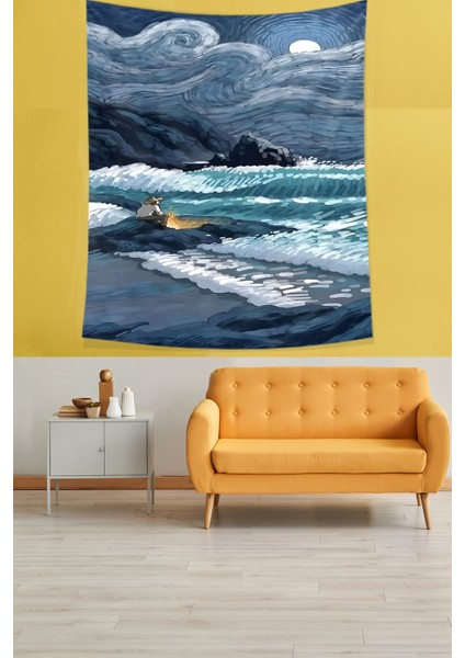 Büyük Dalga Ve Yıldızlı Gece Leke Tutmaz Kumaş Duvar Örtüsü Duvar Halısı Tapestry