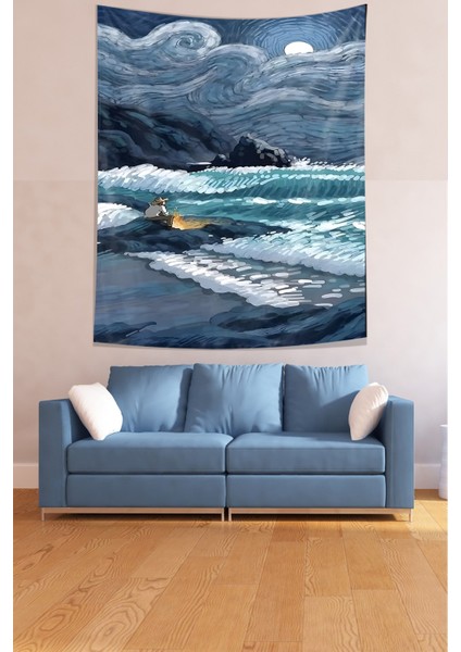 Büyük Dalga Ve Yıldızlı Gece Leke Tutmaz Kumaş Duvar Örtüsü Duvar Halısı Tapestry fiyatları