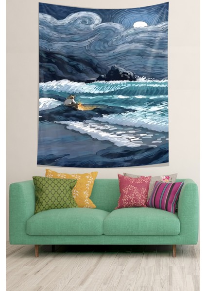 Büyük Dalga Ve Yıldızlı Gece Leke Tutmaz Kumaş Duvar Örtüsü Duvar Halısı Tapestry modelleri