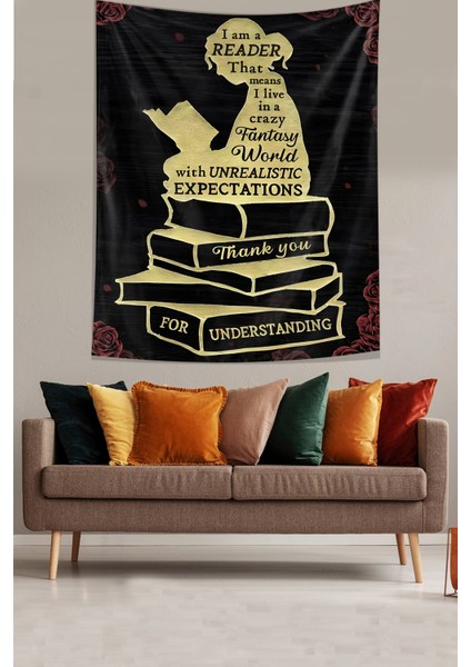 Vintage Kitap Okuyan Kız Leke Tutmaz Kumaş Duvar Örtüsü Duvar Halısı Tapestry