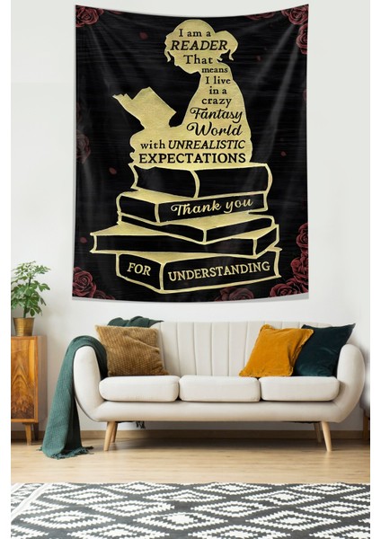 Vintage Kitap Okuyan Kız Leke Tutmaz Kumaş Duvar Örtüsü Duvar Halısı Tapestry