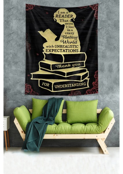 Vintage Kitap Okuyan Kız Leke Tutmaz Kumaş Duvar Örtüsü Duvar Halısı Tapestry